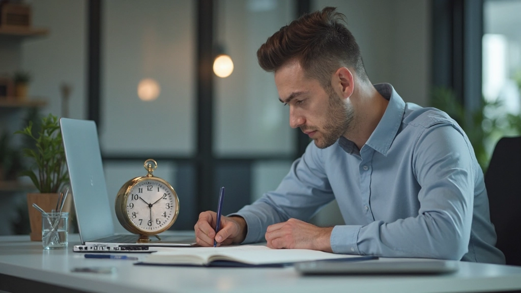 Профессиональное фото человека, работающего с таймером техники Помодоро в офисной среде