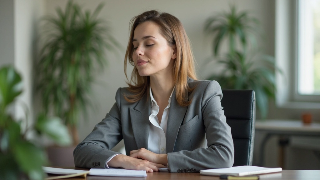 Профессиональная женщина медитирует в офисной среде